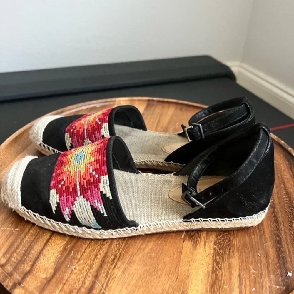Schutz Espadrille Flats 6B Black Pink Embroidered Sunburst Ankle Strap Good